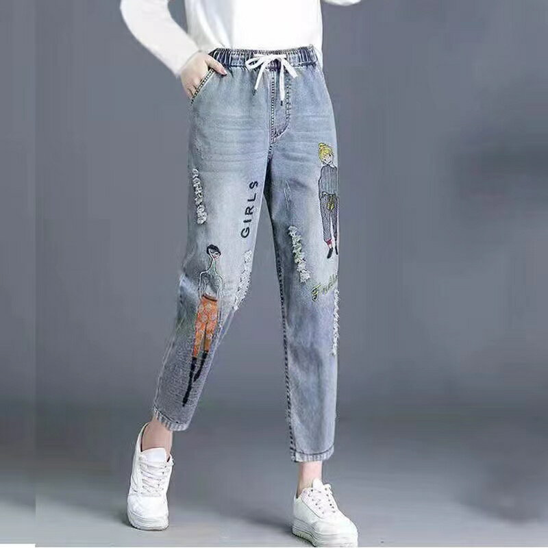 乐天商城 - デニムパンツ レディース 春夏 ウエストゴム 八分丈 パンツ ゴムパンツ ダメージ加工 ダメージデニム ダメージジーンズ ダメージパンツ カジュアル 可愛い 通勤 カジュアルパンツ レディースパンツ ジーンズ ボトムス S M L XL 2XL 3XL SLTB014