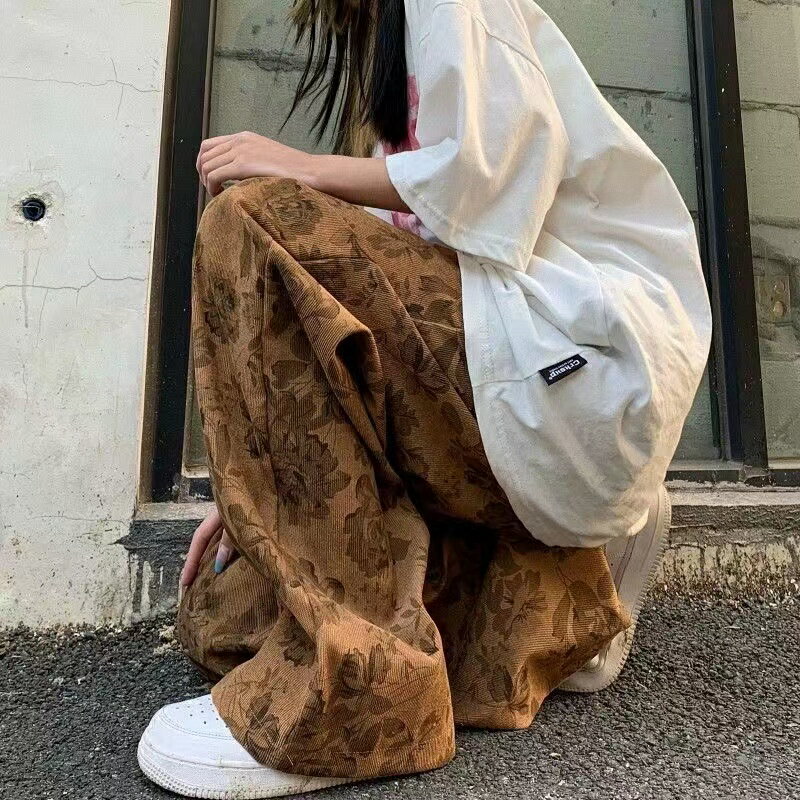 乐天商城 - ワイドパンツ レディース 春秋 カジュアル パンツ レディース 春秋 ゆったり 可愛い 薄手 ウエストゴム ボトム 花柄 シンプル 無地SLTB104(2色M-3XL)