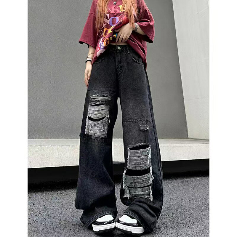 乐天商城 - デニムパンツ レディース デニム ジーンズ 大きいサイズ ワイドパンツ ダメージ加工 ポケット付き カジュアルパンツ ゆるパンツ 長ズボン ゆったり ボトムス 可愛い 体型カバー 春 秋 冬 SLTB136(S-2XL)