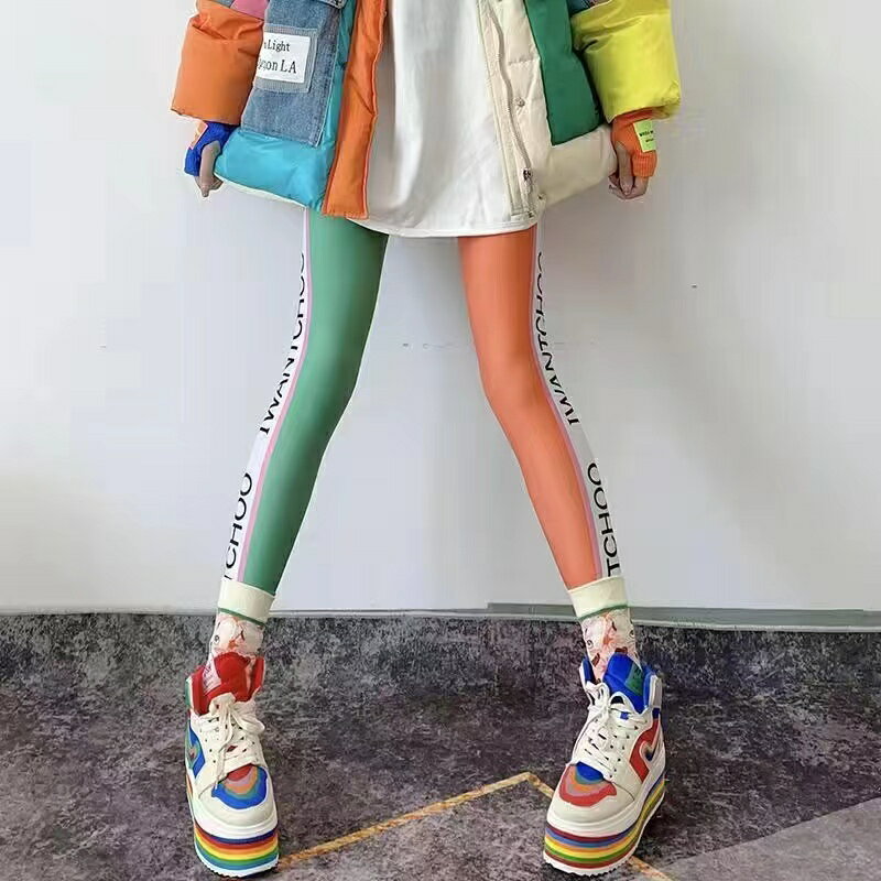레깅스 여성 화려한 봄 가을 얇은 사이드 라인 하이 웨스트 프린트 컬러 콘트라스트 팬츠 스포츠 피트니스 화려한 슬림 타이트 오렌지 귀여운 SLTC002 (4 색 S-XL)