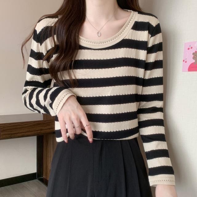 レディース トップス セーター ニット 春秋 ゆったり 可愛い 丸首 大きいサイズ ボーダー柄