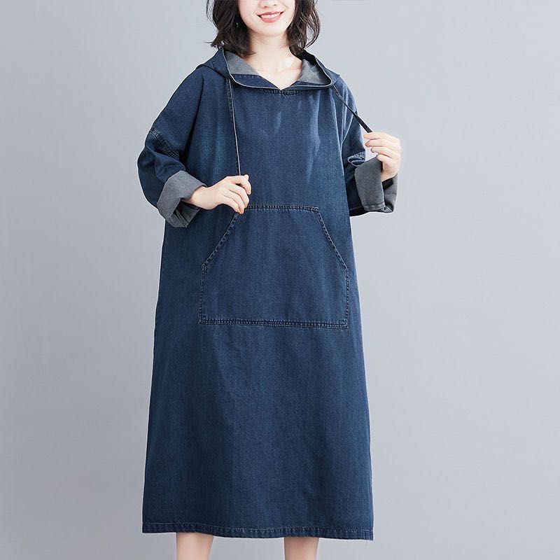 レディース ロングワンピース デニムワンピ 春秋 カジュアル ゆったり フード付き 長袖 LWDA196(M-2XL)