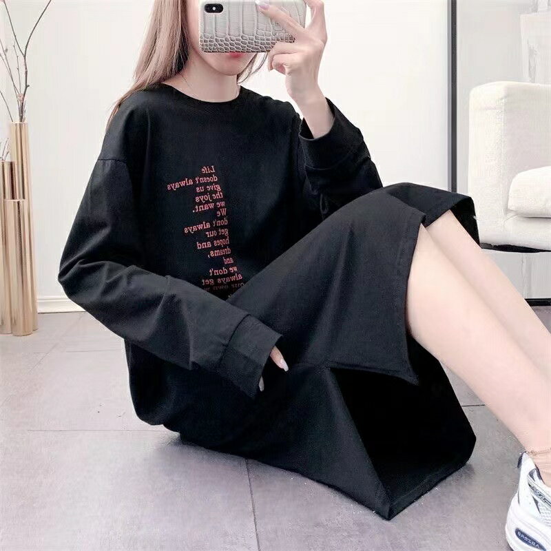 Tシャツワンピース レディース 春秋 ゆったり 長袖 トップス カジュアル 可愛い 丸首 英文字 ローズ ブラック グレー M L XL 2XL SLWA109