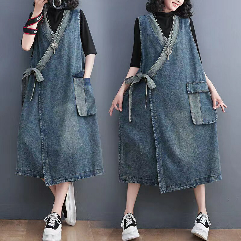 乐天商城 - ロングワンピース レディース 春秋 ベストワンピース デニム 可愛い ゆったり 通勤 カジュアル M L XL 2XL SLWB003