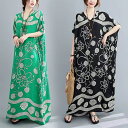 ロングワンピース レディース 夏 ゆったり 半袖 カジュアル 薄手 大きいサイズ 可愛い 通勤 花柄 グリーン ブラック SLWB027