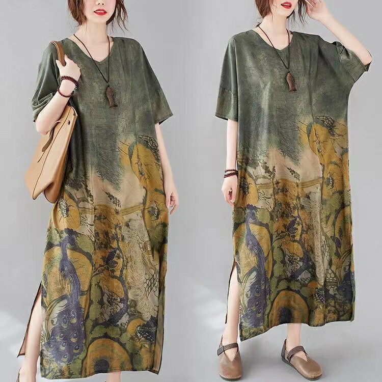 ロングワンピース レディース 夏 ゆったり 半袖 カジュアル 薄手 通勤 可愛い 大きいサイズ Vネック L XL SLWB036