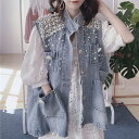 レディース デニムベスト アウター デニムアウター 春アウター 袖なし パール付き レディース春物アウター 春服 薄色 春カラー 立ち襟 ノースリーブ カジュア...