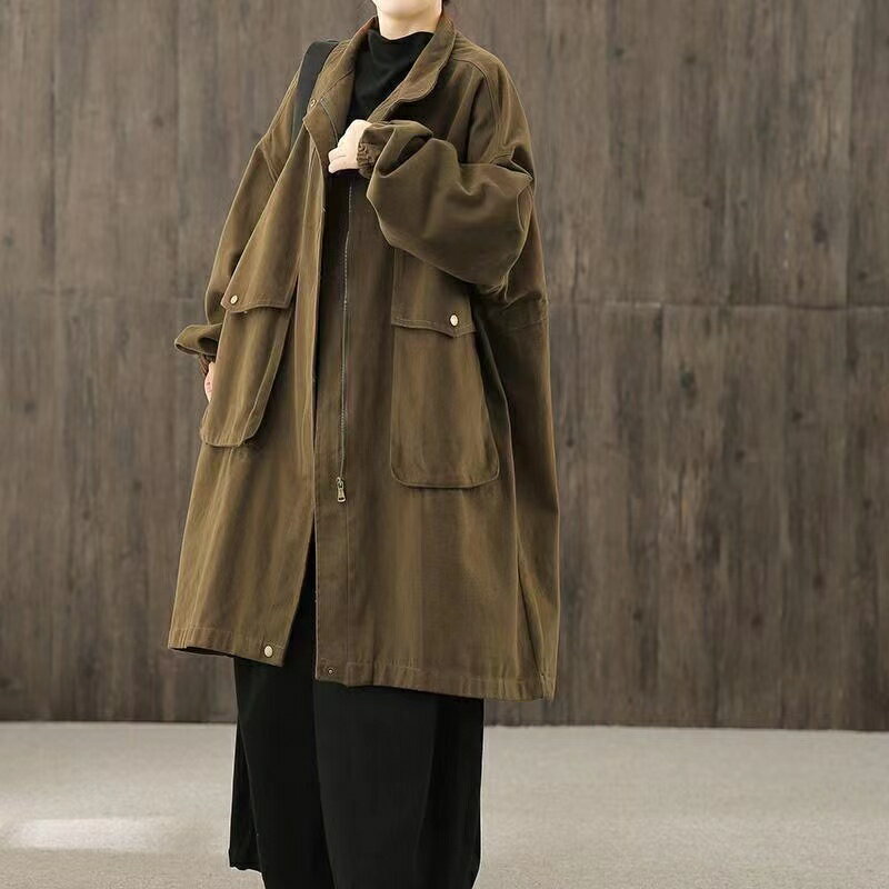 乐天商城 - ロングコート アウター レディース 春秋冬 ゆったり パーカー ブルゾン トップス カジュアル 長袖 ブラック グリーン コーヒー SLCA076