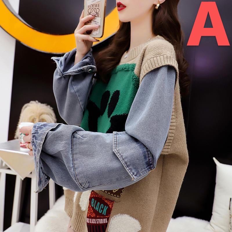 乐天商城 - レディース トップス カジュアル セーター ニット デニム ゆったり 可愛い 大きいサイズ 重ね着風 春秋 LUDA255(2色XL-5XL)