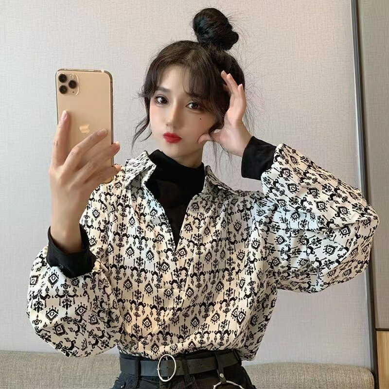 乐天商城 - シャツ レディース 春秋 トップス 重ね着風 ゆったり 通勤 カジュアル 長袖 可愛い ブラック ホワイト S M L XL SLUB018
