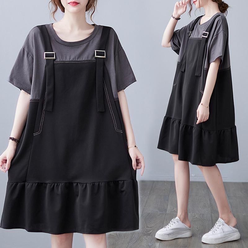 レディース Tシャツワンピース 夏 重ね着風 ゆったり 半袖 大きいサイズ 通勤 LWEA059(L-4XL) レディースtシャツワンピース tシャツ ワンピース 半袖ワンピースレディース 半袖ワンピース レイヤード風 ロング丈tシャツ 切り替え 切替 ゆったりワンピース 可愛いワンピース