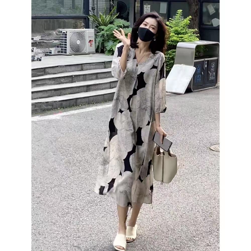 Rakuten - ロングワンピース レディース 夏 ゆったり カジュアル Vネック 薄手 可愛い 通勤 S M L XL 2XL SLWB087