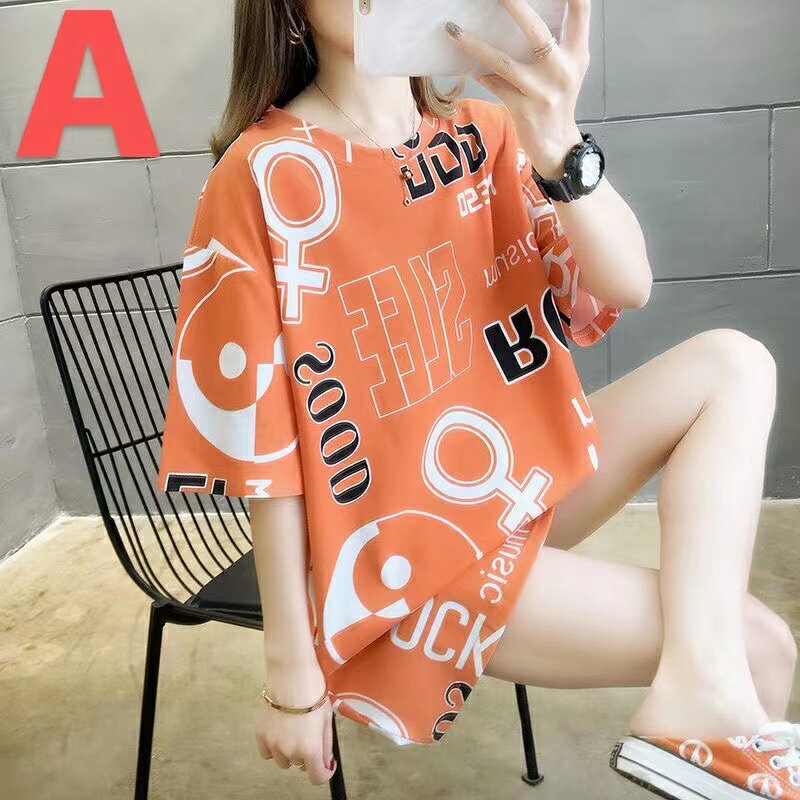 乐天商城 - レディース Tシャツ トップス 夏 ゆったり 丸首 可愛い プリント 総柄 おしゃれ 半袖 大きいサイズ LUEA008(3色M-4XL)