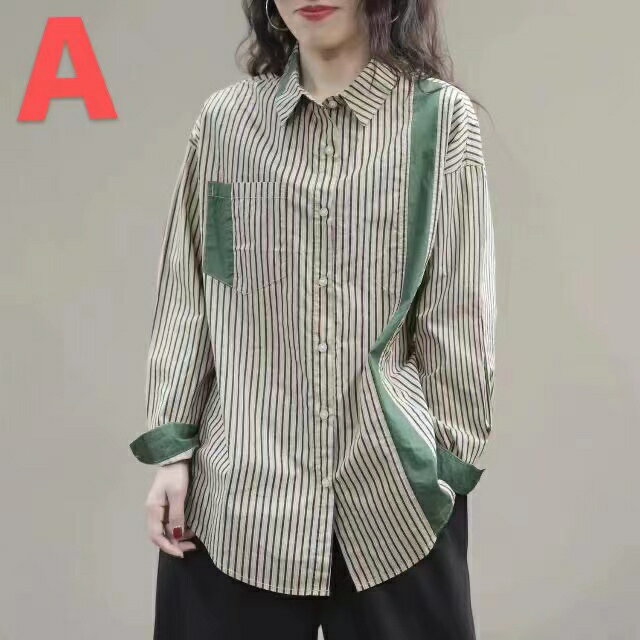 乐天商城 - レディース シャツ トップス 春夏 ゆったり 可愛い 襟付き 長袖 ストライプ柄 LUEA023(2色M-2XL)