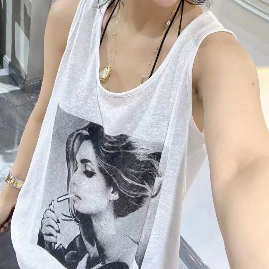 乐天商城 - レディース Tシャツ トップス キャミソール 夏 丸首 プリント ゆったり ノースリーブ 大きいサイズ LUEA031(2色L-4XL)