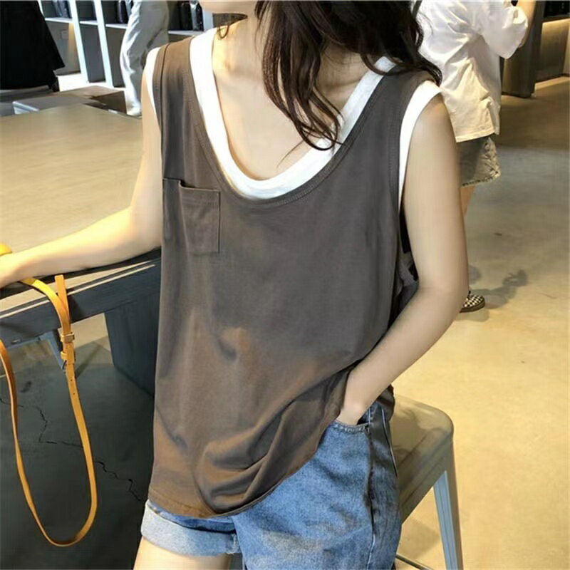 乐天商城 - レディース Tシャツ トップス キャミソール 重ね着風 無地 シンプル 夏 ゆったり 可愛い ノースリーブ 大きいサイズ LUEA037(2色M-3XL)
