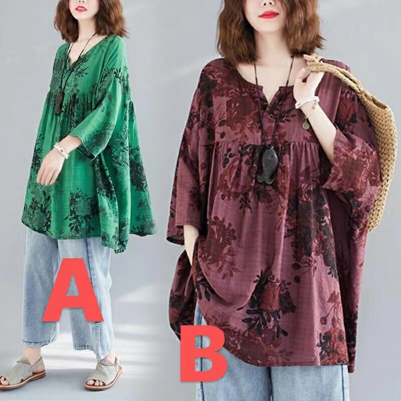 乐天商城 - レディース Tシャツ トップス シャツ 春夏 レディース夏服 レディーストップス チュニック トップス 柄チュニック 柄トップス ゆったり 七分袖 可愛い 総柄 薄手 大きいサイズ 丈長め 体型カバー ボタニカル柄 フリーサイズ グリーン パープル LUEA056(2色フリー)