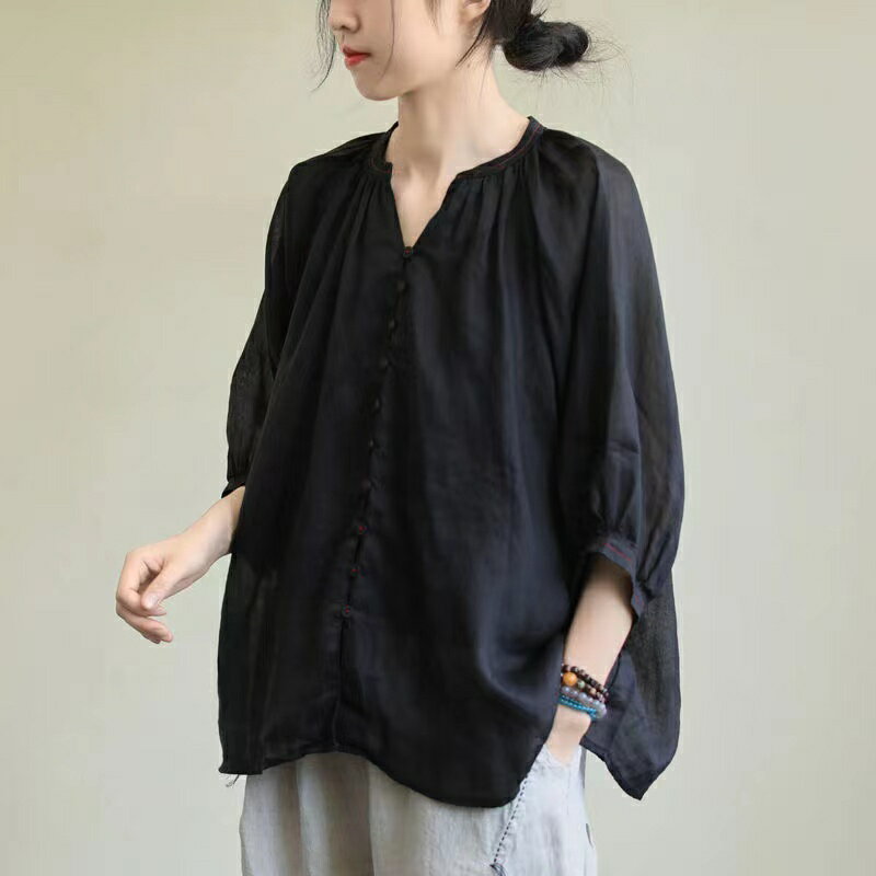 乐天商城 - レディース Tシャツ トップス 春夏 Vネック ゆったり 綿麻 可愛い 五分丈袖 大きいサイズ LUEA061(2色フリー)