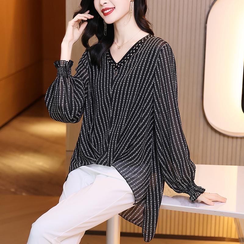 乐天商城 - レディース シャツ トップス シフォン 春夏 ゆったり Vネック 通勤 おしゃれ ストライプ柄 大きいサイズ LUEA083(S-4XL)