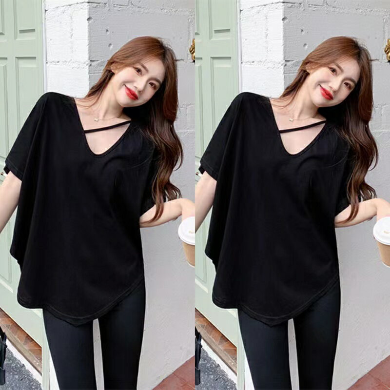 乐天商城 - レディース Tシャツ トップス 夏 ゆったり 可愛い 半袖 Vネック 無地 大きいサイズ LUEA115(2色L-5XL)