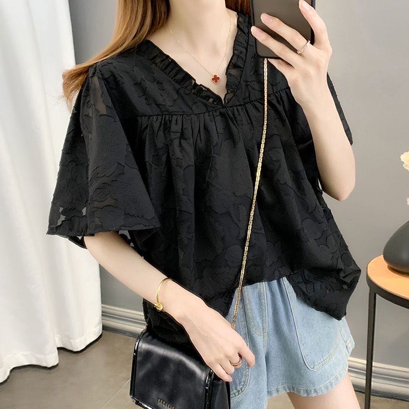 乐天商城 - レディース トップス ゆったり 可愛い 半袖 無地 通勤 大きいサイズ Vネック シフォン LUEA127（3色XL-4XL)