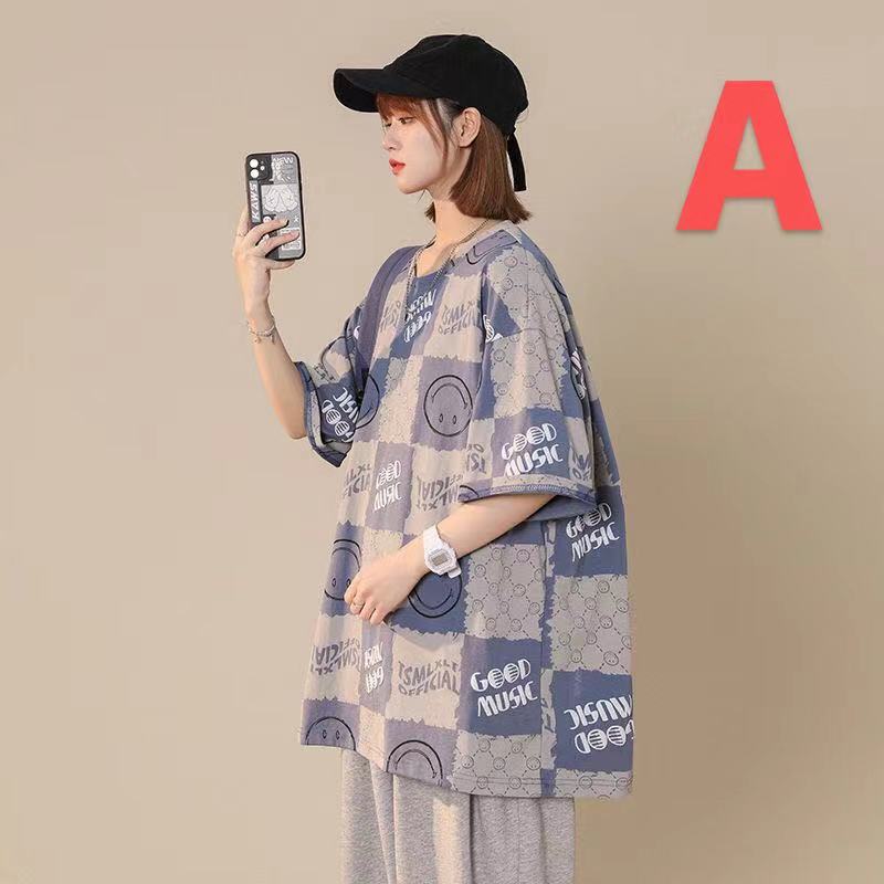 Rakuten - レディース Tシャツ トップス 夏 ゆったり 丸首 スマイル柄 総柄 可愛い 半袖 大きいサイズ LUEA141(2色M-4XL)