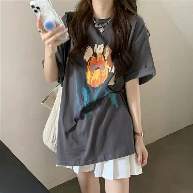 乐天商城 - Tシャツ レディース 夏 ゆったり 半袖 トップス 通勤 カジュアル 丸首 薄手 可愛い 花柄 ダークグレー ホワイト ブラック M L XL 2XL SLUB116