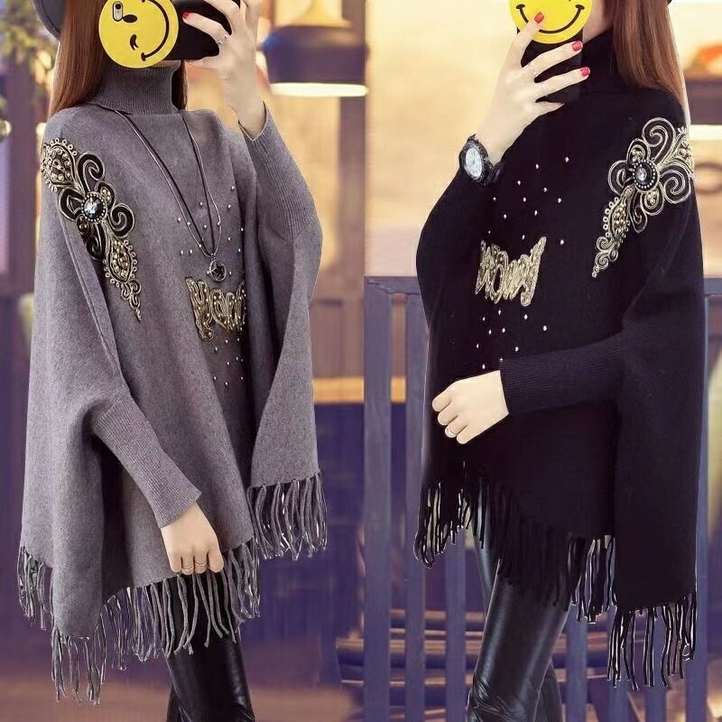 乐天商城 - ニット きれいめニット キレイめ サイドスリット 花 ハイネックニット セーター 冬 トップス レディース こうもり袖 ハイネックセーター 大きいサイズ ゆったり 長袖 韓国風 30代 40代 SLUC134(4色M-3XL) ハイネックニット 長袖 レディースニットセーター 大きめ