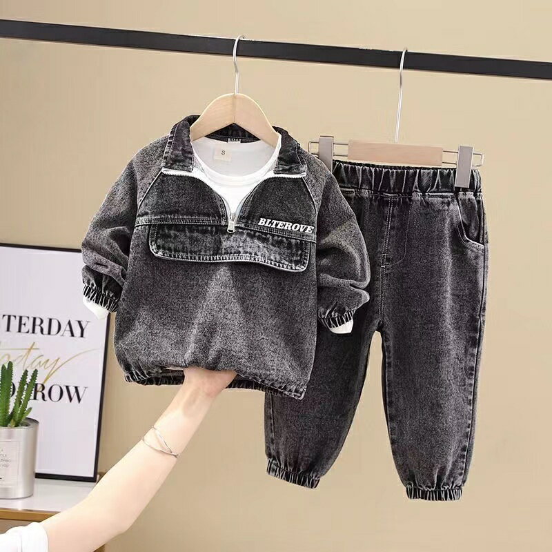 乐天商城 - 上下セット セットアップ デニム キッズ ジュニア 長袖 パンツ セット 長ズボン 2点セット 幼稚園 小学生 中学生 子供服 男の子 おしゃれ かっこいい ファッション ジュニア服 韓国子供服 春 秋 冬 KSFB099