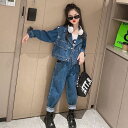 セットアップ 女の子 デニム かっこいい 春秋 韓国子供服 おしゃれ 上下セット デニムジャケット+ジーンズ キッズ ガールズ 2点セット 長袖 長ズボン ファッション お出かけ 普段着 通学着 レジャー 大人気 KSFB114(110-170)