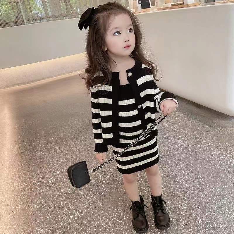 セットアップ ワンピースセット キッズ ベビー服 アウター+キャミソールワンピ 2点セット ボーダー柄 春服 秋服 女の子 韓国子供服 ワンピース 膝丈 ガールズ 上下セット 春 秋 冬 KSFB122(90-140)