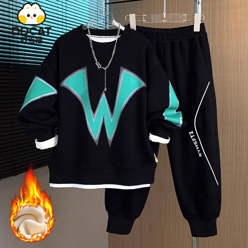 乐天商城 - 上下セット セットアップ 裏起毛 厚手 冬服 スポーツ キッズ ジュニア スウェット 長袖 パンツ セット 長ズボン 2点セット スポーツウェア 運動着 小学生 中学生 子供服 男の子 おしゃれ かっこいい ファッション 韓国子供服 秋 冬 ダンス KSFB135(2色110-160)