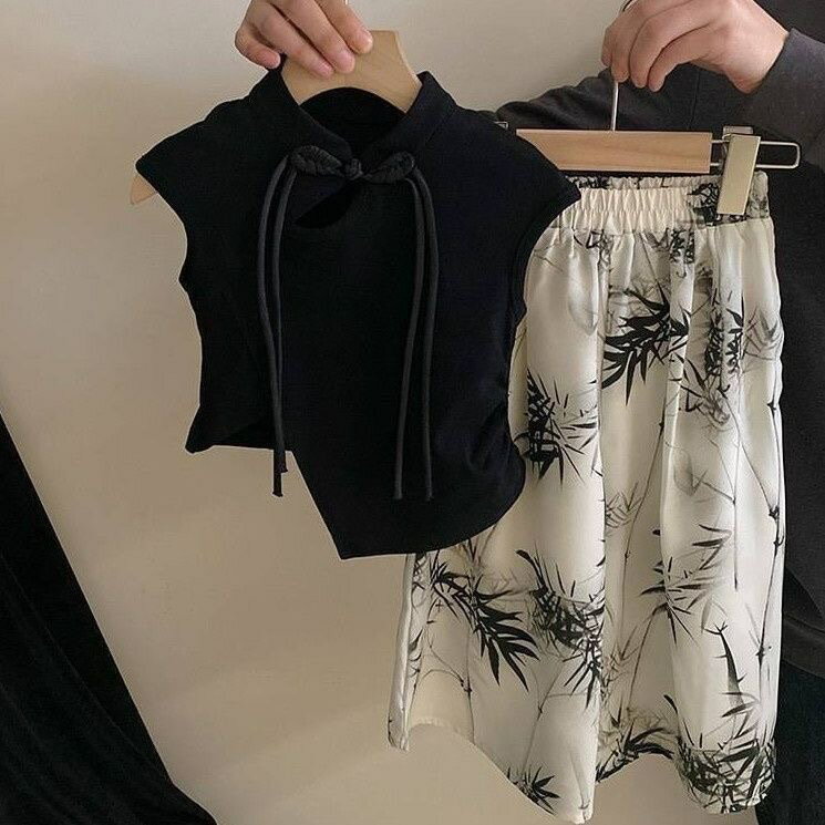 乐天商城 - キッズ 子供服 セットアップ 上下セット Tシャツ+パンツ 2点セット 夏 中華風 ワイドパンツ 女の子 ベビー服 tシャツ 薄手 キッズノースリーブ 長パンツ 長ズボン 総柄 おしゃれ 可愛い トップス ボトムス 涼しい 誕生日 プレゼント 幼稚園 小学生 お出かけ KSFC021(90-140)