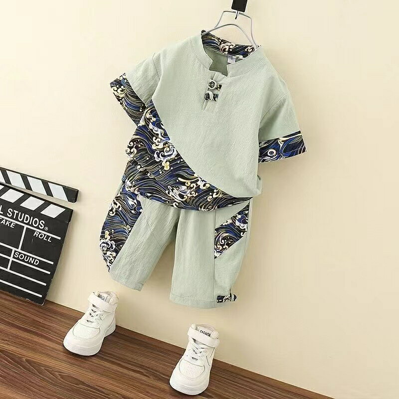 乐天商城 - キッズ 子供服 セットアップ 上下セット Tシャツ+パンツ 2点セット 夏 中華風 男の子 tシャツ 半袖 薄手 ジュニア ハーフパンツ おしゃれ 可愛い トップス ボトムス 半ズボン スポーツ 入学 入園 誕生日 プレゼント 幼稚園 小学生 お出かけ KSFC041(2色100-160）