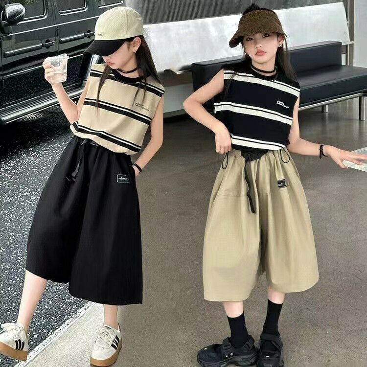 乐天商城 - キッズ 子供服 セットアップ 上下セット パンツ 2点セット 夏 子供服 女の子 ノースリーブ オシャレ服 ボーダー柄 薄手 かわいい服小学生 ジュニア女子夏服 ラウンドネック 黒いズボン ジュニア ベージュズボン ワイドパンツ トップス ボトムス スポーツ お出かけ KSFC080