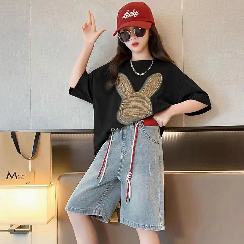 キッズ 子供服 セットアップ 上下セット トップス ショートパンツ 2点セット 夏 女の子 tシャツ 半袖 薄手 デニムパンツ ハーフパンツ ショートパンツ ジュニア 半ズボン おしゃれ 可愛い トップス ボトムス 誕生日 プレゼント 幼稚園 小学生 KSFC089(2色120-170)