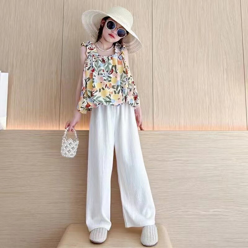 乐天商城 - キッズ 子供服 セットアップ 上下セット Tシャツ+パンツ 2点セット 夏 女の子 ジュニア 総柄tシャツ 薄手 ノースリーブ パンツ 長パンツ 長ズボン ワイドパンツ おしゃれ 可愛い トップス ボトムス 涼しい カジュアル 誕生日 幼稚園 小学生 KSFC095(120-170)