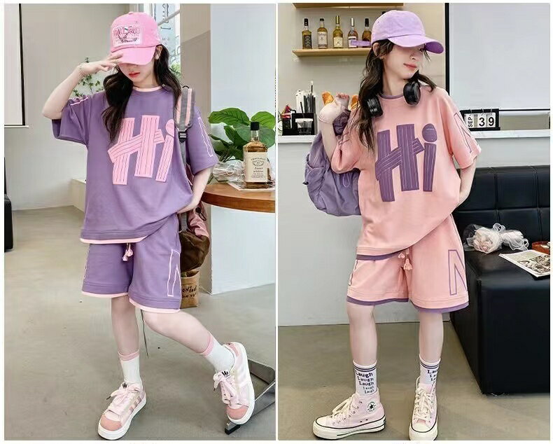 キッズ 子供服 セットアップ 上下セット トップス+ショートパンツ 2点セット 夏 女の子 tシャツ 半袖 薄手 ハーフパンツ ショートパンツ ジュニア 半ズボン おしゃれ 可愛い トップス ボトムス 誕生日 プレゼント 幼稚園 小学生 お出かけ KSFC107(2色110-170)