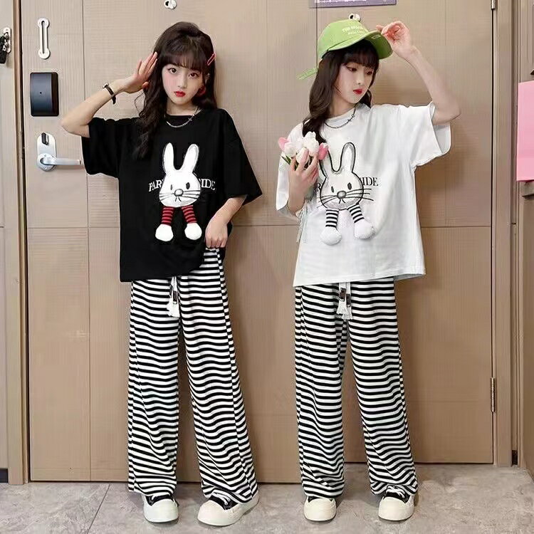 乐天商城 - キッズ 子供服 セットアップ 上下セット Tシャツ+パンツ 2点セット 夏 女の子 ジュニア tシャツ 薄手 半袖 パンツ ボーダー柄 長パンツ 長ズボン ワイドパンツ おしゃれ 可愛い トップス ボトムス 涼しい カジュアル 誕生日 幼稚園 小学生 KSFC111(2色110-170)