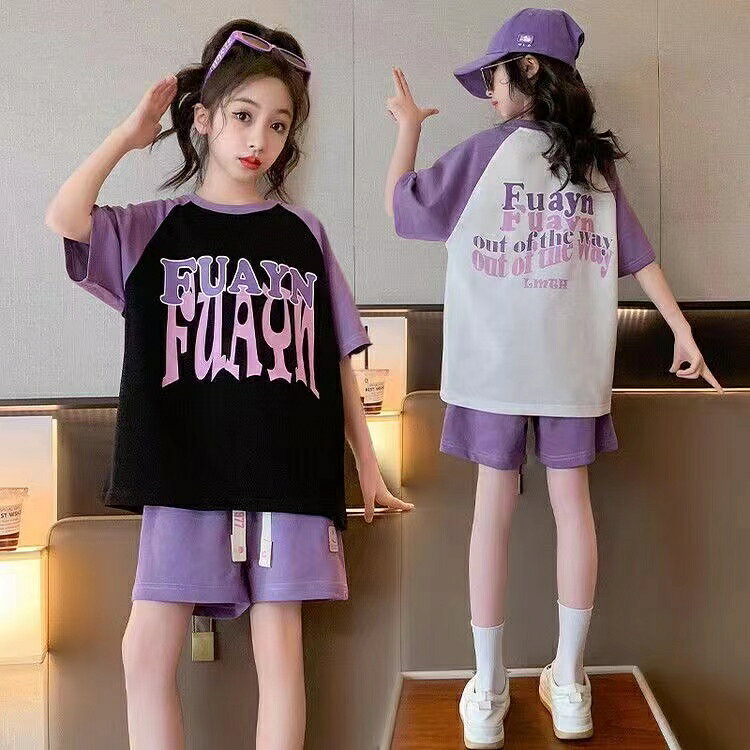WorldFine楽天市場SHOPのキッズ 子供服 セットアップ 上下セット Tシャツ+ショートパンツ 2点セット 夏 女の子 tシャツ 半袖 薄手 ハーフパンツ ショートパンツ ジュニア 半ズボン おしゃれ 可愛い トップス ボトムス 誕生日 プレゼント 幼稚園 小学生 お出かけ KSFC113(2色110-170)｜アングル2