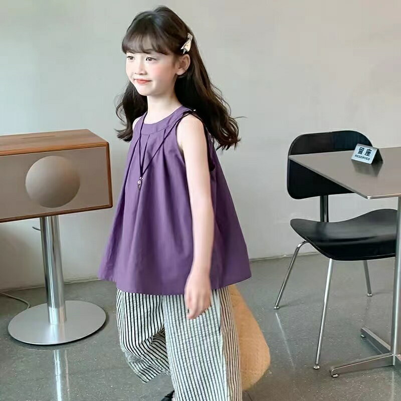 キッズ 子供服 セットアップ 上下セット Tシャツ+パンツ 2点セット 夏 女の子 ジュニア tシャツ 薄手 ノースリーブ パンツ 長パンツ 長ズボン ワイドパンツ おしゃれ 可愛い トップス ボトムス 涼しい カジュアル 誕生日 幼稚園 小学生 KSFC122(2色110-160)