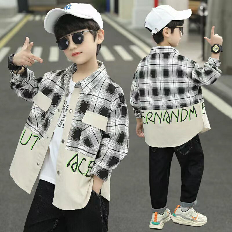 乐天商城 - 長袖 シャツ チェック柄 キッズ 子供服 トップス チェックシャツ アウター 切り替え 男の子 春服 秋服 ゆったり 可愛い ジュニア 長袖 薄手 英文字 ダンス衣装 ヒップホップ KCFC009(2色110-170)