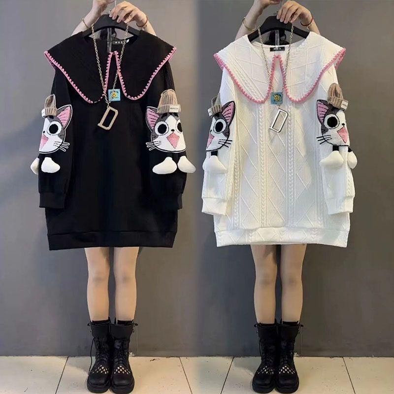乐天商城 - トレーナー キッズ 裏起毛トレーナー ロング トップス 裏起毛厚手 暖か キッズ 子供服 猫柄 女の子 襟付き プリント 秋 冬 キッズ服 ゆったり 可愛い ジュニア カジュアル 長袖 KUFB065(2色120-170)