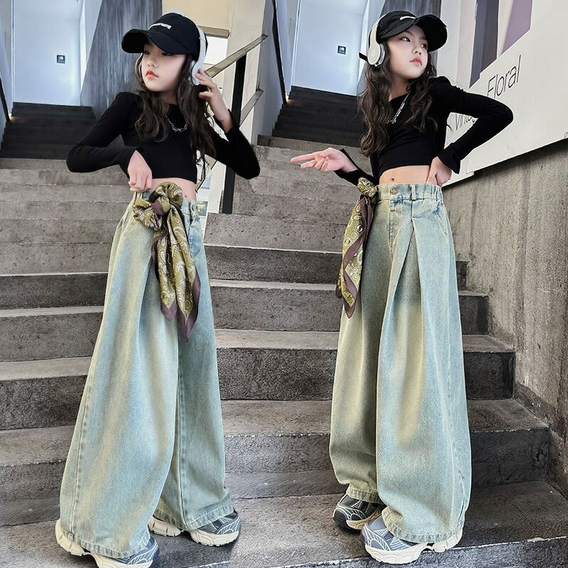 乐天商城 - デニムパンツ 女の子 子ども服 子ども ワイドパンツ ジーンズ ズボン デニムパンツ キッズ おしゃれ デニムパンツ デニム ワイドパンツ 通学着 お出かけ 子供パンツ かわいい 120 130 140 150 160 170 KTFC009(120-170)