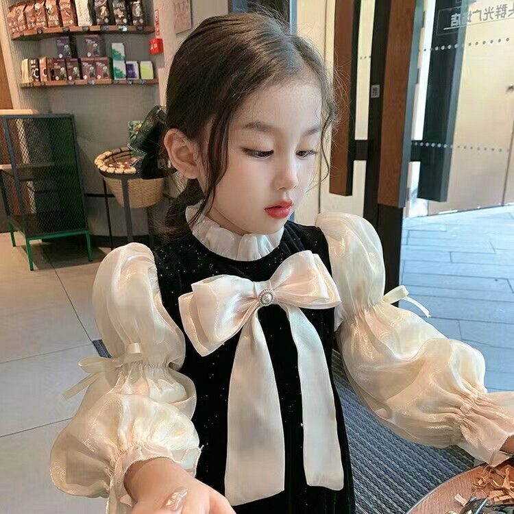 乐天商城 - ワンピース 子供服 キッズ 女の子 ワンピース 蝶結び 春秋 フォーマル 韓国子供服 プリンセスワンピース ワンピ 誕生日 結婚式 発表会 パーティー 姉妹 プレゼント 長袖ワンピース リボン KWFC001(2色100-160)