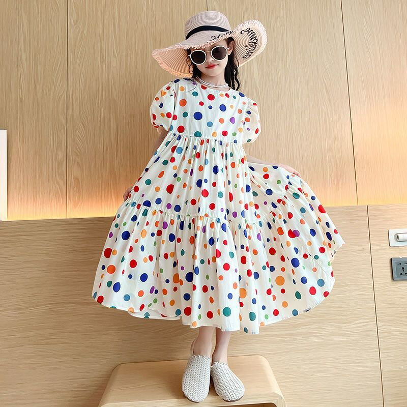 乐天商城 - キッズ 子供服 ワンピース 女の子 キッズワンピース 夏 ティアードワンピース どっとワンピース 半袖 夏ワンピース ロングワンピース 子どもワンピース 柄ワンピース 水玉 キッズワンピース半袖 ゆったり 可愛い かわいい 大人っぽい ジュニア 子ども服 KWFC016