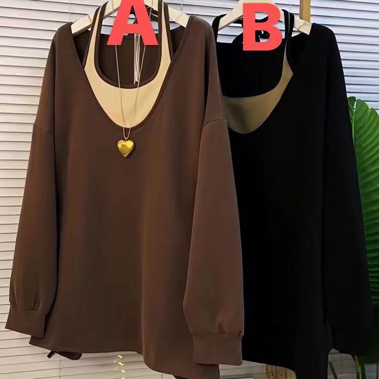 乐天商城 - ロングTシャツ レディース ロングT 大きいサイズ オーバーサイズ 春秋 秋服 春服 長袖 薄手 トップス ゆったり 可愛い カジュアル 重ね着風 LUEA229(2色L-4XL)