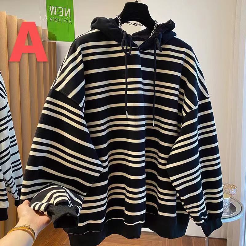 乐天商城 - トレーナー レディース 大きいサイズ ボーダー柄 フード付き 春秋 秋服 春服 長袖 薄手 トップス ゆったり 可愛い カジュアル LUEA317(2色L-4XL)