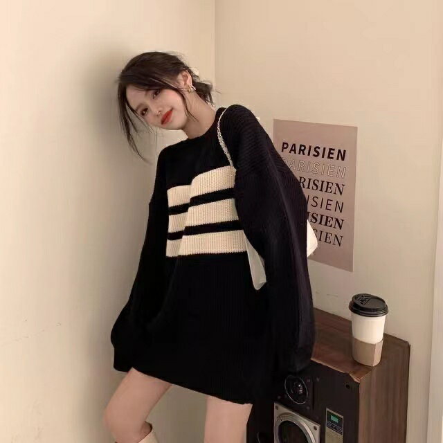 乐天商城 - ニット セーター レディース トップス 長袖 ニットセーター レディース 秋冬 着やせ 体型カバー ボーダー柄 ゆったり 秋ニット ニット ゆるニット 可愛い カジュアル 通勤 カジュアル 厚手 SLUB182(2色S-XL)