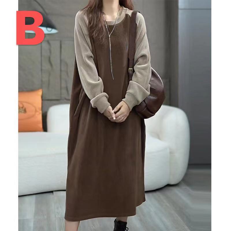 ワンピース パーカーワンピース 厚手 裏起毛 トレーナーワンピース 大きいサイズ 切替 レディース ゆったり ロング レディース 切り替えワンピース ロング丈ワンピ ロングワンピース 丸首 無地 シンプル ロング丈 スウェット ワンピ 冬 あったか ミモレ丈 LWEA199(2色L-4XL)